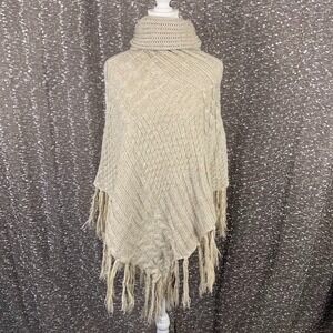 Bay Sky Cable Knit Turtleneck Fringed‎ Poncho Sweater Boho Y2K Women's OS